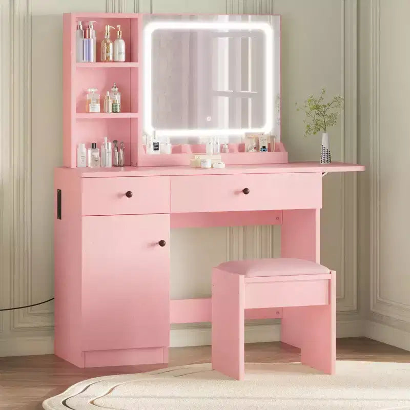 Escritorio de tocador para maquillaje con espejo y luces, conjunto de mesa de tocador con cajón, toma de corriente, silla y 3 estantes, para dormitorio
