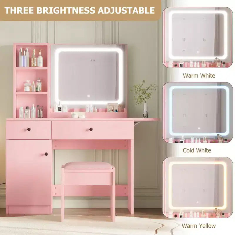 Escritorio de tocador para maquillaje con espejo y luces, conjunto de mesa de tocador con cajón, toma de corriente, silla y 3 estantes, para dormitorio