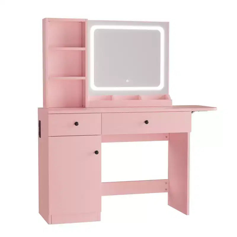 Escritorio de tocador para maquillaje con espejo y luces, conjunto de mesa de tocador con cajón, toma de corriente, silla y 3 estantes, para dormitorio