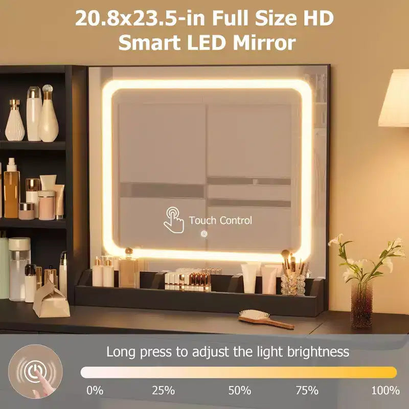 Escritorio de tocador para maquillaje con espejo y luces, conjunto de mesa de tocador con cajón, toma de corriente, silla y 3 estantes, para dormitorio