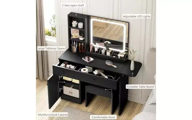 Escritorio de tocador para maquillaje con espejo y luces, conjunto de mesa de tocador con cajón, toma de corriente, silla y 3 estantes, para dormitorio