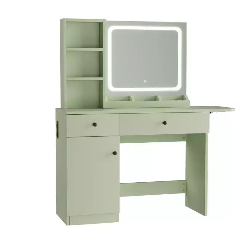 Escritorio de tocador para maquillaje con espejo y luces, conjunto de mesa de tocador con cajón, toma de corriente, silla y 3 estantes, para dormitorio