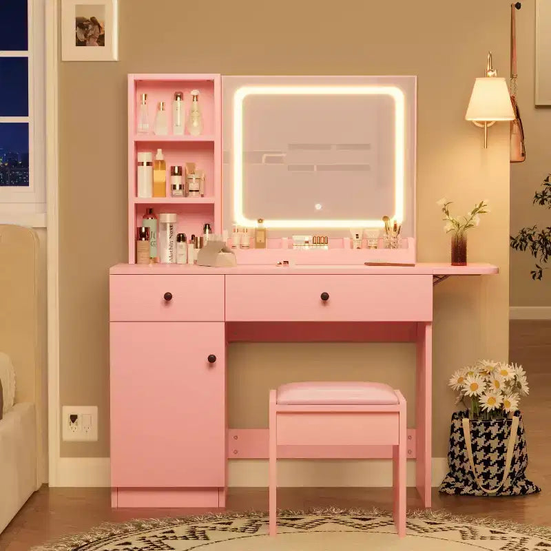 Escritorio de tocador para maquillaje con espejo y luces, conjunto de mesa de tocador con cajón, toma de corriente, silla y 3 estantes, para dormitorio