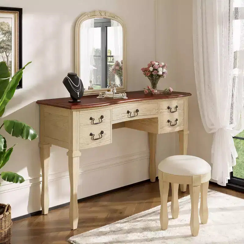Vintage Vanity Set, Vintage Makeup Vanity Desk, 46 Inch Dressing Table with Curved Flower Mirror, 5 Drawers Storage