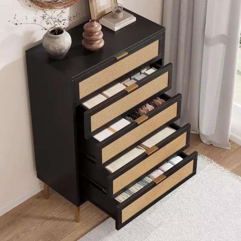 Acekool Rattan-Kommode mit 5 Schubladen und goldenen Beinen, hoher Schrank für Schlafzimmer und Wohnzimmer
