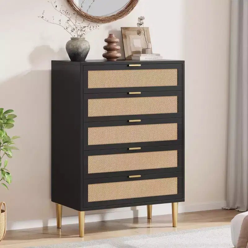 Acekool Rattan-Kommode mit 5 Schubladen und goldenen Beinen, hoher Schrank für Schlafzimmer und Wohnzimmer