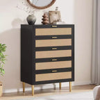 Acekool Rattan-Kommode mit 5 Schubladen und goldenen Beinen, hoher Schrank für Schlafzimmer und Wohnzimmer