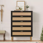 Acekool Rattan-Kommode mit 5 Schubladen und goldenen Beinen, hoher Schrank für Schlafzimmer und Wohnzimmer