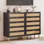 Acekool Rattan-Kommode mit 5 Schubladen und goldenen Beinen, hoher Schrank für Schlafzimmer und Wohnzimmer