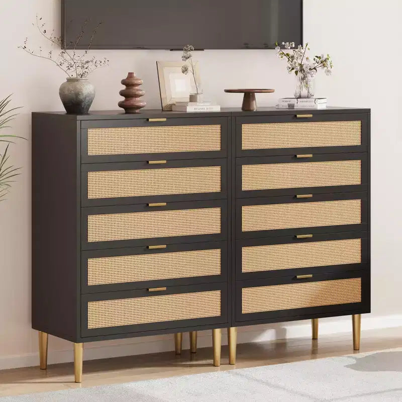 Acekool Rattan-Kommode mit 5 Schubladen und goldenen Beinen, hoher Schrank für Schlafzimmer und Wohnzimmer