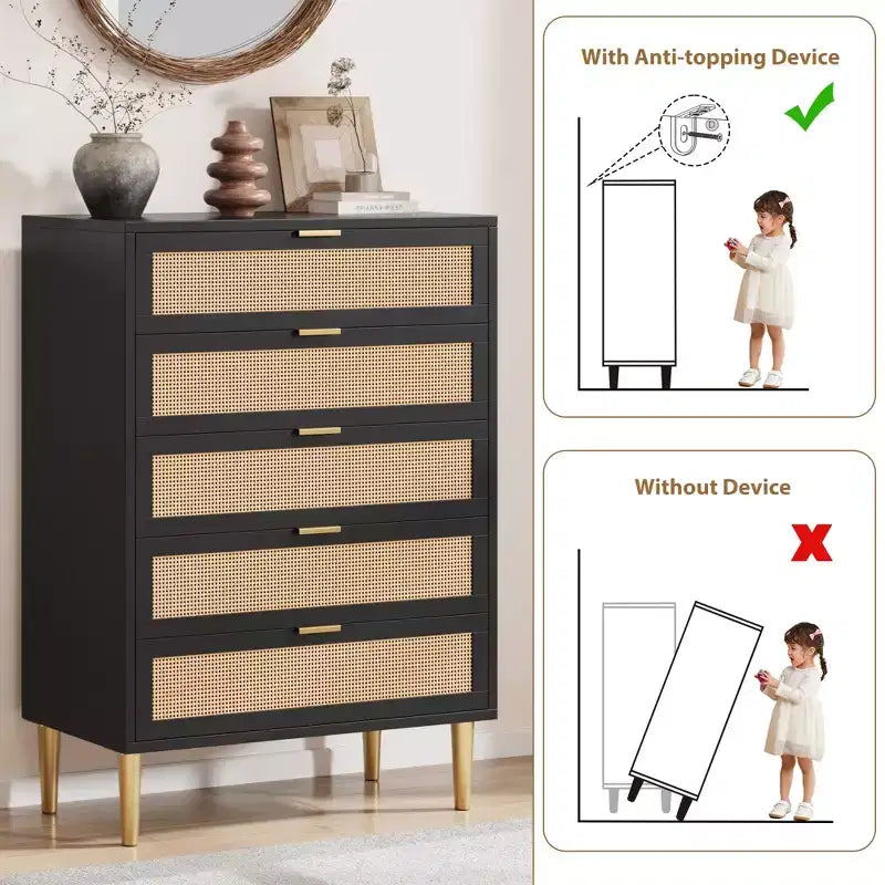Acekool Rattan-Kommode mit 5 Schubladen und goldenen Beinen, hoher Schrank für Schlafzimmer und Wohnzimmer