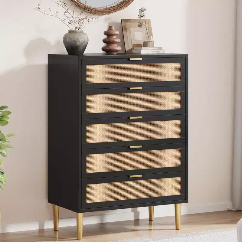 Acekool Rattan-Kommode mit 5 Schubladen und goldenen Beinen, hoher Schrank für Schlafzimmer und Wohnzimmer