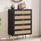 Acekool Rattan-Kommode mit 5 Schubladen und goldenen Beinen, hoher Schrank für Schlafzimmer und Wohnzimmer
