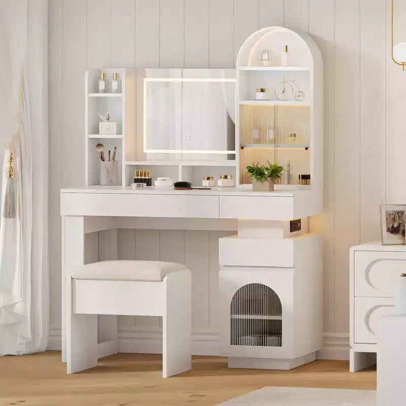 GustoWave Vanity Desk with Lighted Mirror, White Makeup Table with 3 Drawers & 11 Shelves, Vanity Stool for Bedroom