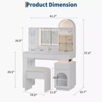 GustoWave-kaptafel met verlichte spiegel, witte make-uptafel met 3 laden en 11 planken, kaptafelkruk voor de slaapkamer