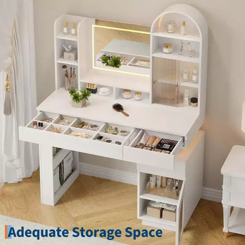 GustoWave-kaptafel met verlichte spiegel, witte make-uptafel met 3 laden en 11 planken, kaptafelkruk voor de slaapkamer
