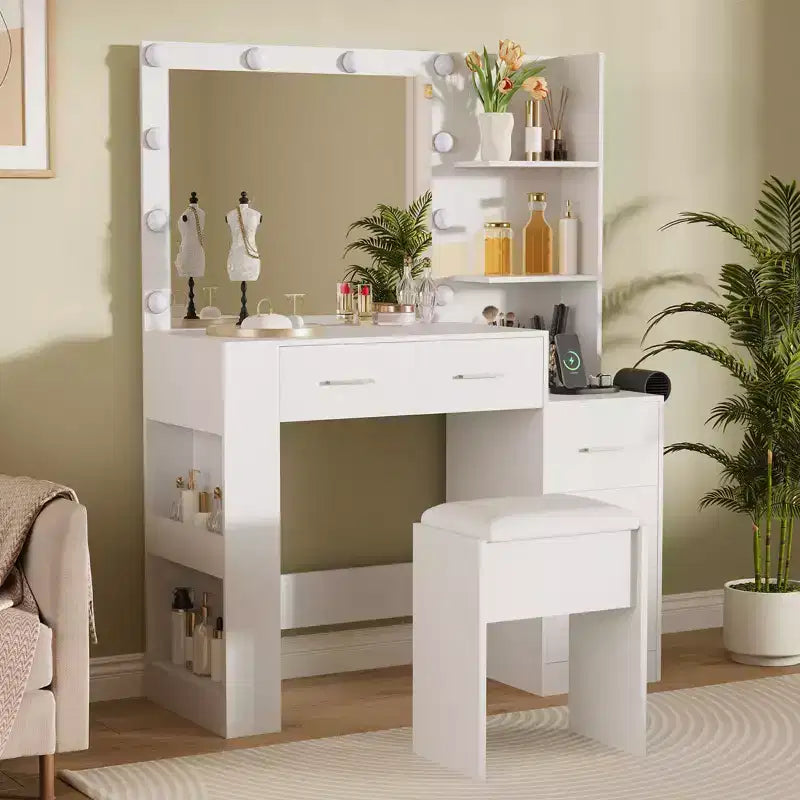Tocador de maquillaje con espejo y taburete, mesa tocador blanca con 5 cajones, conjunto de mesa de maquillaje para dormitorio