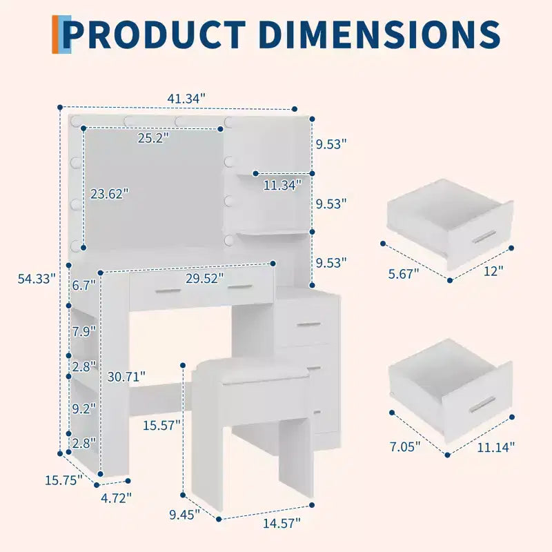 Tocador de maquillaje con espejo y taburete, mesa tocador blanca con 5 cajones, conjunto de mesa de maquillaje para dormitorio