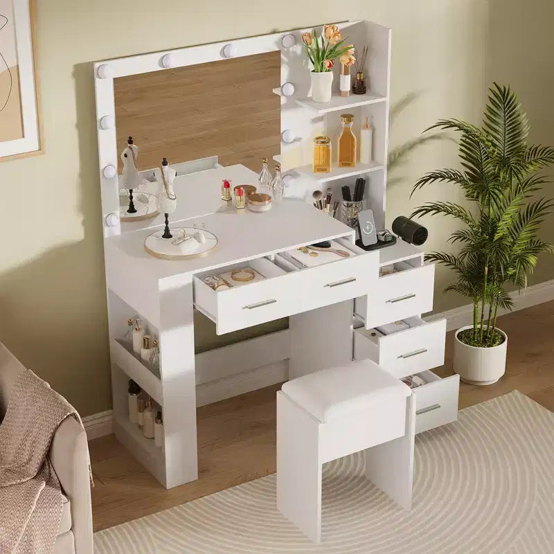 Tocador de maquillaje con espejo y taburete, mesa tocador blanca con 5 cajones, conjunto de mesa de maquillaje para dormitorio