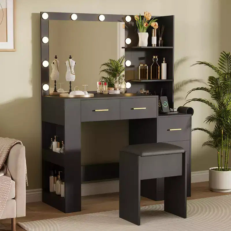 Tocador de maquillaje con espejo y taburete, mesa tocador blanca con 5 cajones, conjunto de mesa de maquillaje para dormitorio