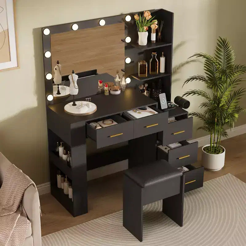 Tocador de maquillaje con espejo y taburete, mesa tocador blanca con 5 cajones, conjunto de mesa de maquillaje para dormitorio