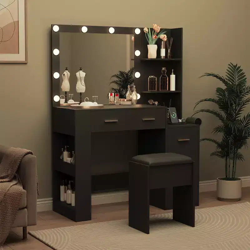 Tocador de maquillaje con espejo y taburete, mesa tocador blanca con 5 cajones, conjunto de mesa de maquillaje para dormitorio