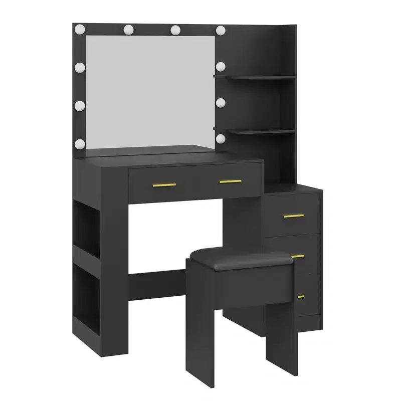 Makeup Vanity with Mirror and Stool, White Vanity Table with 5 Drawers, Dressing Table Set for Bedroom