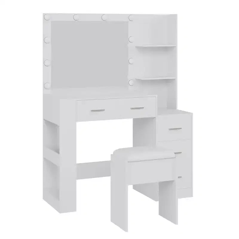 Tocador de maquillaje con espejo y taburete, mesa tocador blanca con 5 cajones, conjunto de mesa de maquillaje para dormitorio