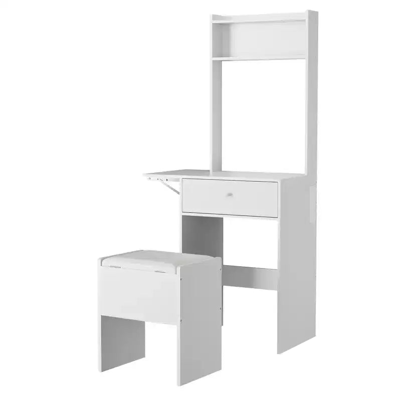 GustoWave White Vanity Desk with Large Mirror, Small Makeup Table with Fold-Up Panel, Storage Chair & Open Shelves for Bedroom