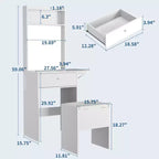 Toeletta GustoWave bianca con grande specchio, piccolo tavolo da trucco con pannello ribaltabile, sedia contenitore e ripiani aperti per camera da letto