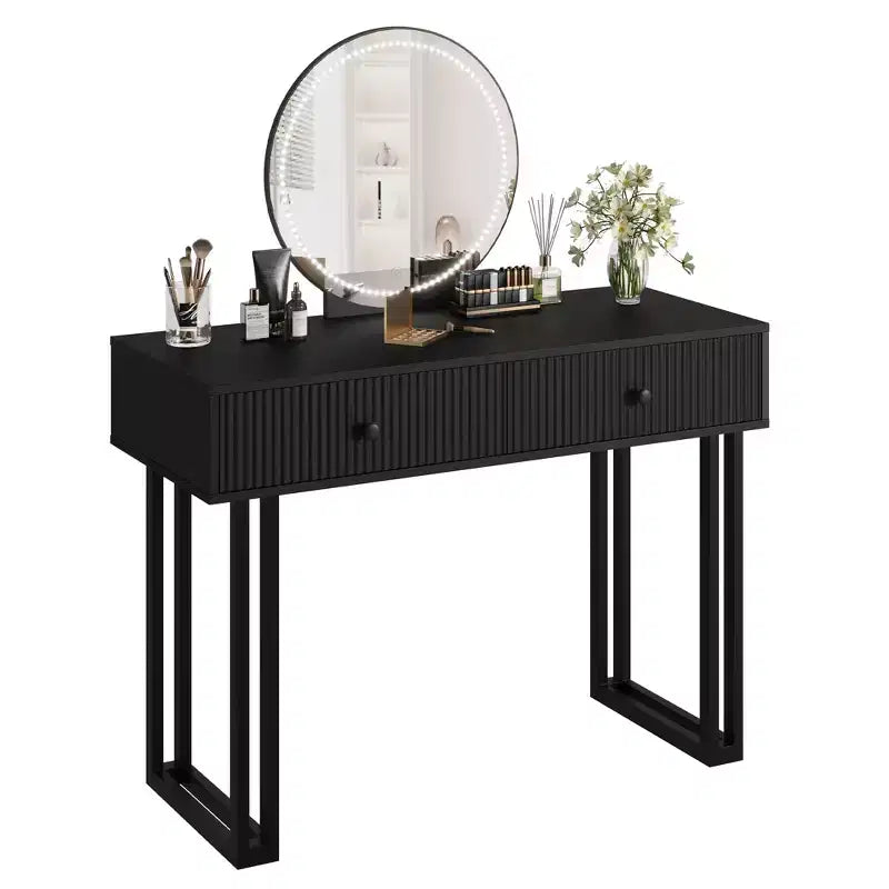 40 Inch White Small Vanity Makeup Desk with HD Round Lighted Mirror, 3 Color Lights & Adjustable Brightness, Bedroom Vanity Desk