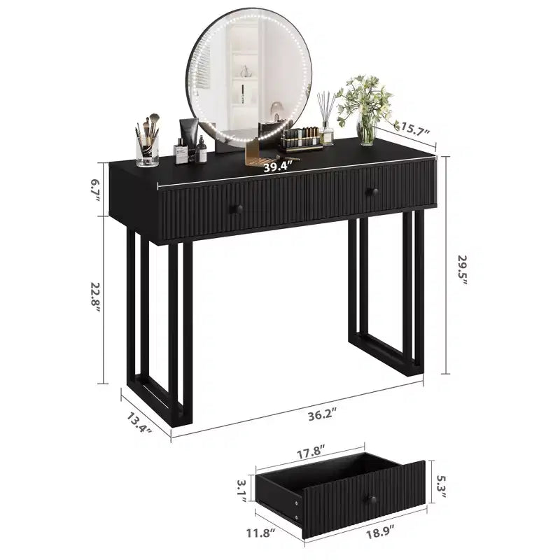 40 Inch White Small Vanity Makeup Desk with HD Round Lighted Mirror, 3 Color Lights & Adjustable Brightness, Bedroom Vanity Desk