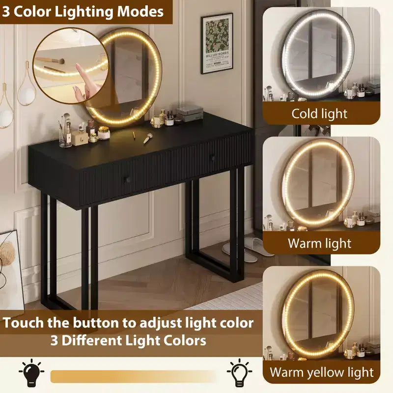 Scrivania da toeletta con specchio e luci a 3 colori, ampio spazio contenitore, design moderno, materiali di qualità, struttura facile da assemblare