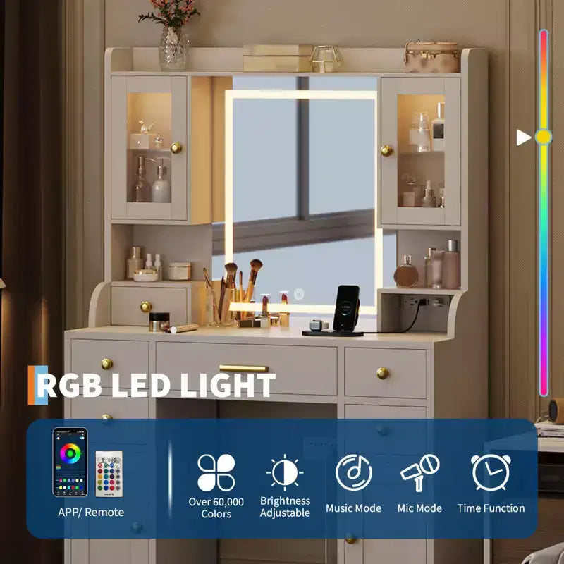 Fésülködőasztal töltőállomással és LED-tükörrel, sminkasztal, 3 világítási móddal, 6 fiókkal, szekrénnyel és polcokkal, fehér