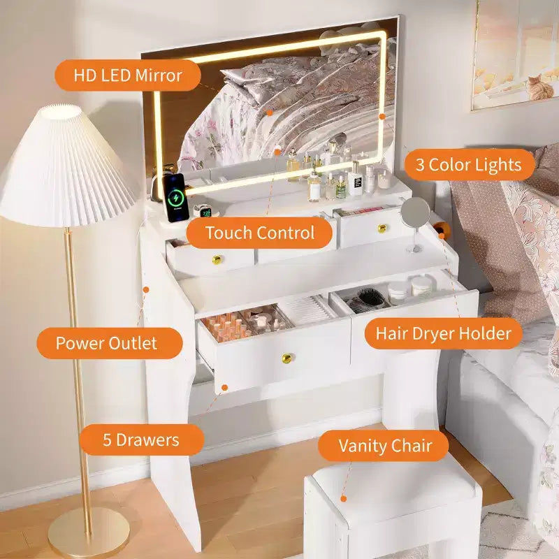GustoWave Schminktisch mit Spiegel und Stuhl, 5 Schubladen, Haartrocknerhalter und gepolsterter Hocker für das Schlafzimmer
