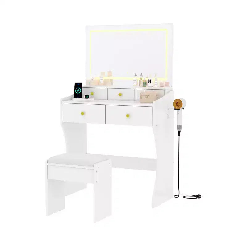 Escritorio de tocador de maquillaje GustoWave con espejo y silla, 5 cajones, soporte para secador de pelo y taburete acolchado para dormitorio
