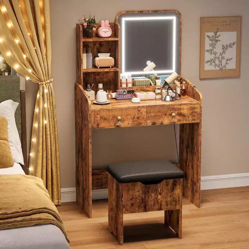 Vanity Desk with LED Mirror and Charging Station, Makeup Table Set with Storage Drawers and Stool, 3 Lighting Modes for Bedroom, Retro Brown