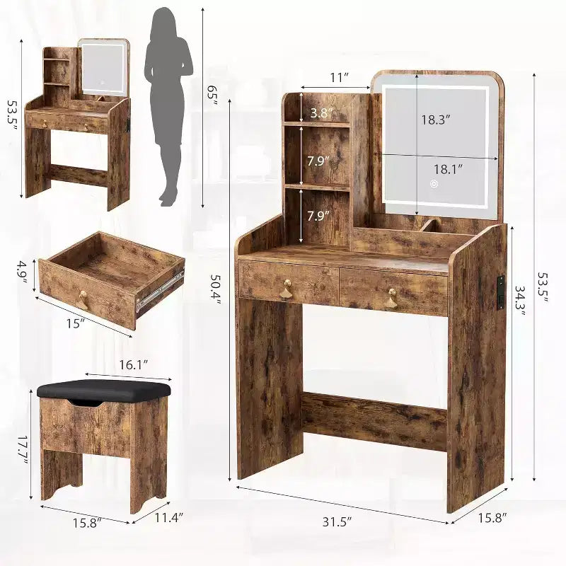Vanity Desk with LED Mirror and Charging Station, Makeup Table Set with Storage Drawers and Stool, 3 Lighting Modes for Bedroom, Retro Brown