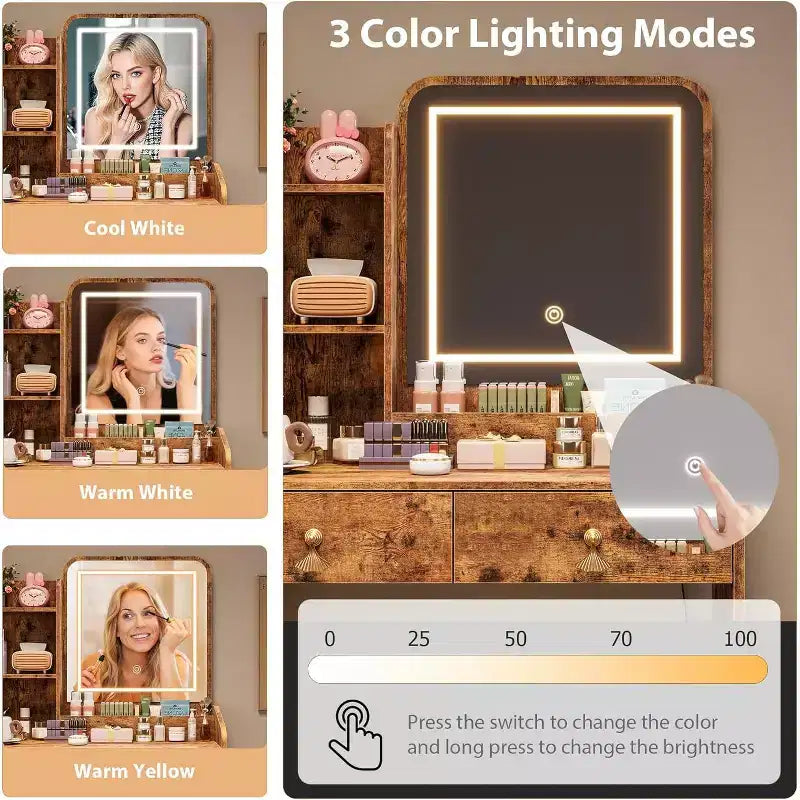 Vanity Desk with LED Mirror and Charging Station, Makeup Table Set with Storage Drawers and Stool, 3 Lighting Modes for Bedroom, Retro Brown