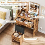 Vanity Desk with LED Mirror and Charging Station, Makeup Table Set with Storage Drawers and Stool, 3 Lighting Modes for Bedroom, Retro Brown