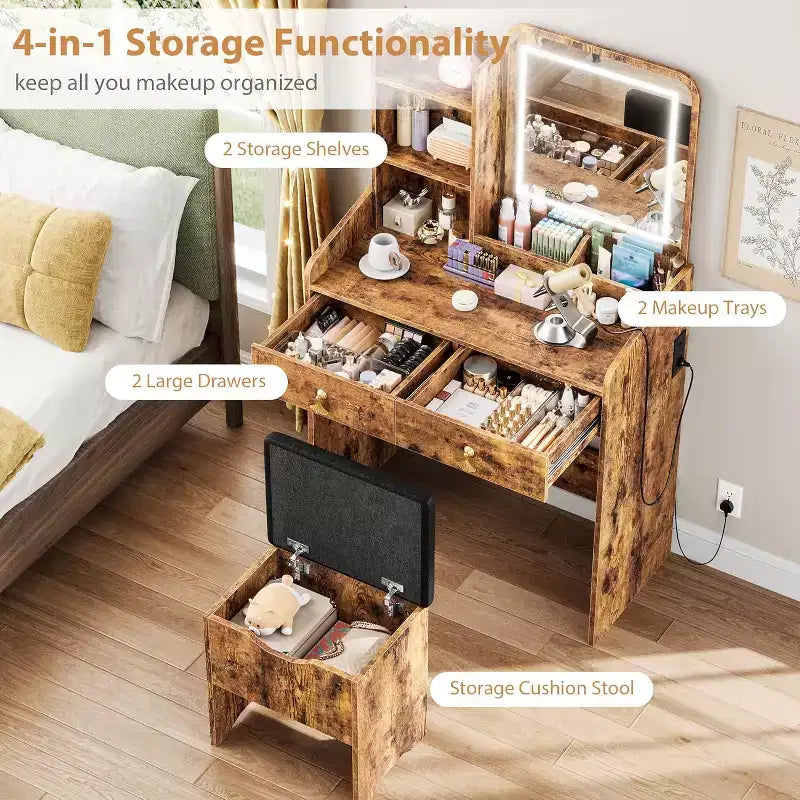 Vanity Desk with LED Mirror and Charging Station, Makeup Table Set with Storage Drawers and Stool, 3 Lighting Modes for Bedroom, Retro Brown