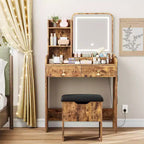 Vanity Desk with LED Mirror and Charging Station, Makeup Table Set with Storage Drawers and Stool, 3 Lighting Modes for Bedroom, Retro Brown
