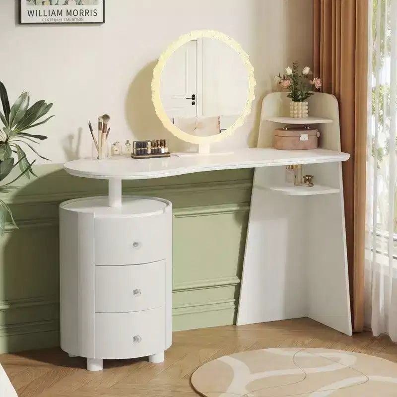 Luxury Corner Makeup Vanity Desk with Round Mirror and Lights, Cabinet Storage for Bedroom, Natural Finish, Dimmable Lighting