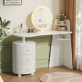 Luxury Corner Makeup Vanity Desk with Round Mirror and Lights, Cabinet Storage for Bedroom, Natural Finish, Dimmable Lighting