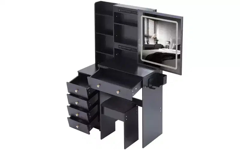 37-Inch Luxury Makeup Vanity Desk with Sliding LED Mirror, Cabinet Storage, Built-In Power Hub, Hair Dryer Stand, and Side Cabinet for Bedroom