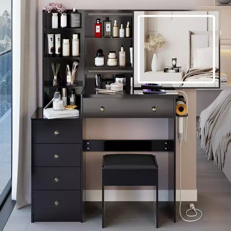 37-Inch Luxury Makeup Vanity Desk with Sliding LED Mirror, Cabinet Storage, Built-In Power Hub, Hair Dryer Stand, and Side Cabinet for Bedroom