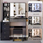 37-Inch Luxury Makeup Vanity Desk with Sliding LED Mirror, Cabinet Storage, Built-In Power Hub, Hair Dryer Stand, and Side Cabinet for Bedroom