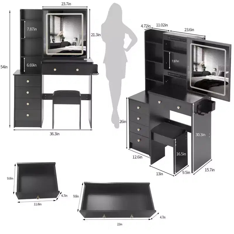 37-Inch Luxury Makeup Vanity Desk with Sliding LED Mirror, Cabinet Storage, Built-In Power Hub, Hair Dryer Stand, and Side Cabinet for Bedroom