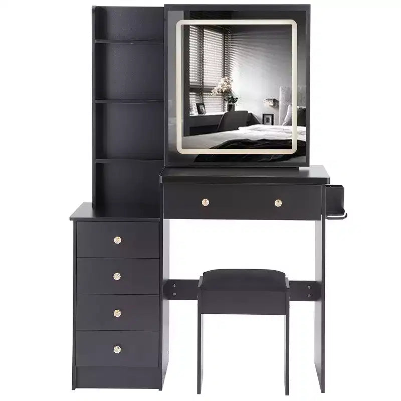 37-Inch Luxury Makeup Vanity Desk with Sliding LED Mirror, Cabinet Storage, Built-In Power Hub, Hair Dryer Stand, and Side Cabinet for Bedroom
