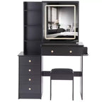 37-Inch Luxury Makeup Vanity Desk with Sliding LED Mirror, Cabinet Storage, Built-In Power Hub, Hair Dryer Stand, and Side Cabinet for Bedroom